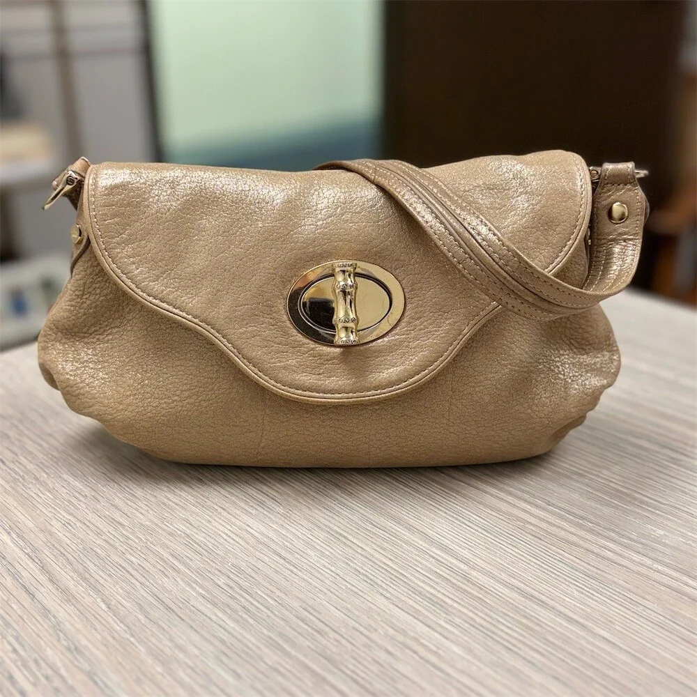 Elaine Turner Shoulder Bag Womens Medium Metallic Taupe Turnlock